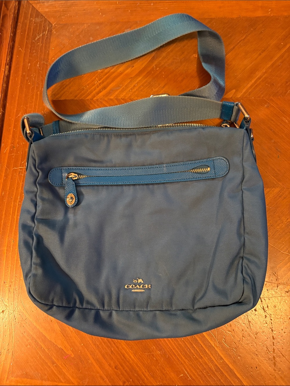 Coach Blue Nylon Crossbody Messenger Bag with Gold-Tone Accents